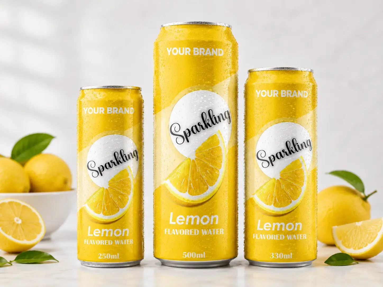 SPARKLING FLAVORED WATER Lemon 250ml, 500ml and 330ml cans with fresh lemon slices.